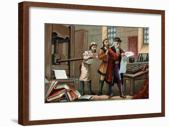 Illustration of Johannes Gutenberg Printing the First Sheet of the Bible-Stefano Bianchetti-Framed Giclee Print