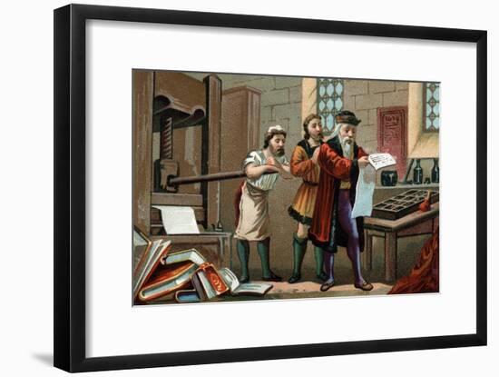 Illustration of Johannes Gutenberg Printing the First Sheet of the Bible-Stefano Bianchetti-Framed Giclee Print