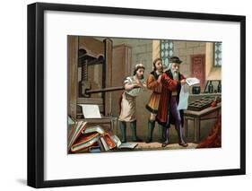 Illustration of Johannes Gutenberg Printing the First Sheet of the Bible-Stefano Bianchetti-Framed Giclee Print