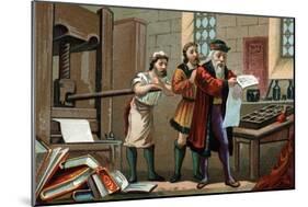 Illustration of Johannes Gutenberg Printing the First Sheet of the Bible-Stefano Bianchetti-Mounted Giclee Print