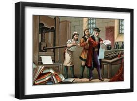 Illustration of Johannes Gutenberg Printing the First Sheet of the Bible-Stefano Bianchetti-Framed Premium Giclee Print
