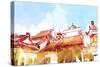 Illustration of Malaysia Chinese Temple. Water Color Graphic Drawing. Idea of Decoration, Post Card-samantha cheah-Stretched Canvas