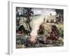 Illustration of Neanderthal Man Sitting Around Fire Holding Lance Like Weapon, Circa 30,000 BC-null-Framed Photographic Print