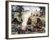 Illustration of Neanderthal Man Sitting Around Fire Holding Lance Like Weapon, Circa 30,000 BC-null-Framed Photographic Print