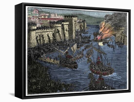 Illustration of Normans Laying Siege to Paris-Stefano Bianchetti-Framed Stretched Canvas