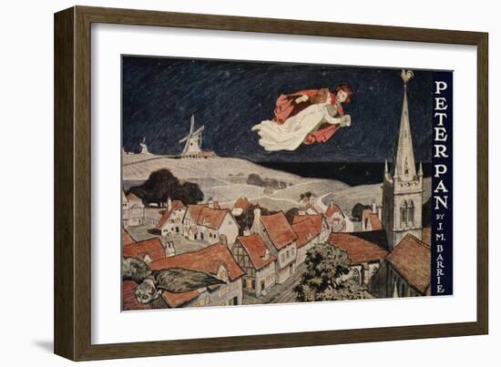 Illustration of Peter Pan and Wendy Flying over Town-null-Framed Giclee Print