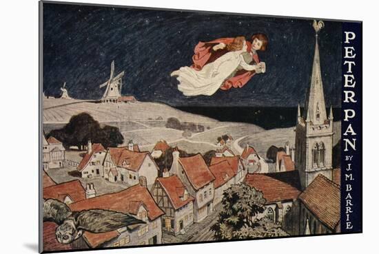 Illustration of Peter Pan and Wendy Flying over Town-null-Mounted Giclee Print