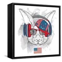 Illustration of Rabbit in the Glasses, Headphones and in Hip-Hop Hat with Print of Usa. Vector Illu-Sunny Whale-Framed Stretched Canvas