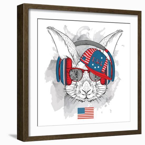 Illustration of Rabbit in the Glasses, Headphones and in Hip-Hop Hat with Print of Usa. Vector Illu-Sunny Whale-Framed Art Print