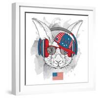 Illustration of Rabbit in the Glasses, Headphones and in Hip-Hop Hat with Print of Usa. Vector Illu-Sunny Whale-Framed Art Print