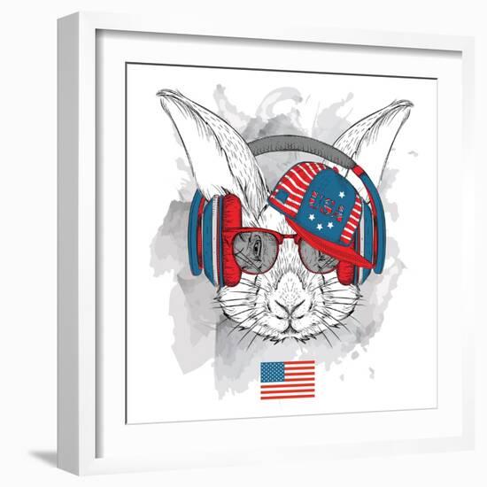 Illustration of Rabbit in the Glasses, Headphones and in Hip-Hop Hat with Print of Usa. Vector Illu-Sunny Whale-Framed Art Print