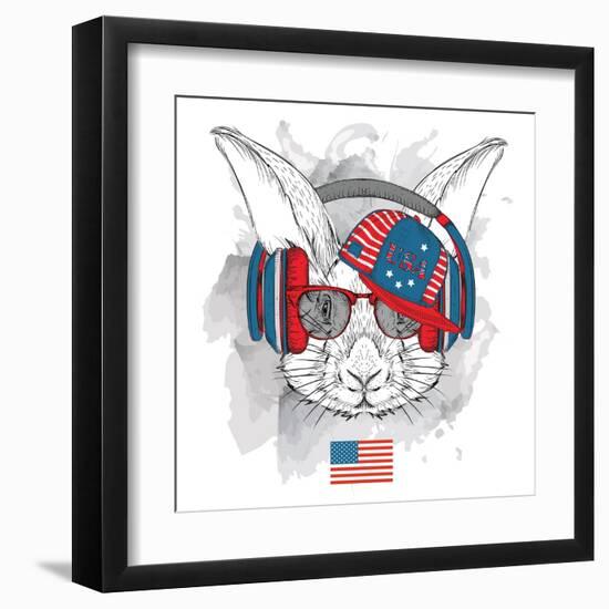 Illustration of Rabbit in the Glasses, Headphones and in Hip-Hop Hat with Print of Usa. Vector Illu-Sunny Whale-Framed Art Print