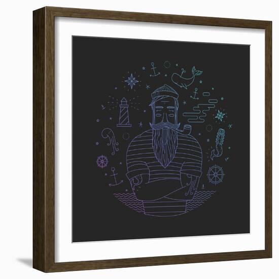 Illustration of Sailor with Pipe Dreams of a Sailor. Print Mermaid and Anchor.-Fay Francevna-Framed Art Print