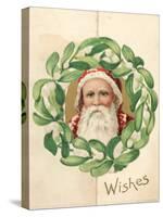 Illustration of Santa Claus in Midst of Mistletoe Wreath in Christmas Card-null-Stretched Canvas