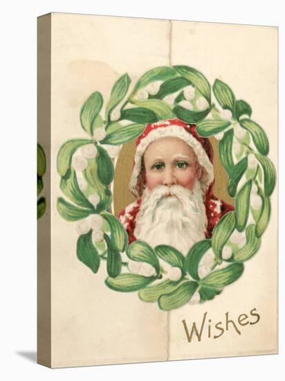 Illustration of Santa Claus in Midst of Mistletoe Wreath in Christmas Card-null-Stretched Canvas
