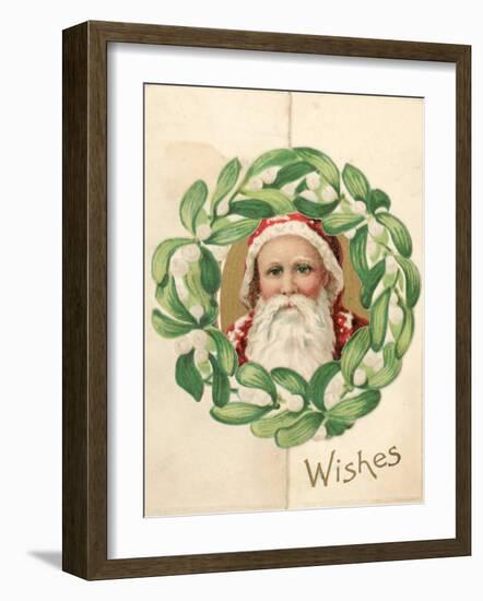 Illustration of Santa Claus in Midst of Mistletoe Wreath in Christmas Card-null-Framed Photographic Print