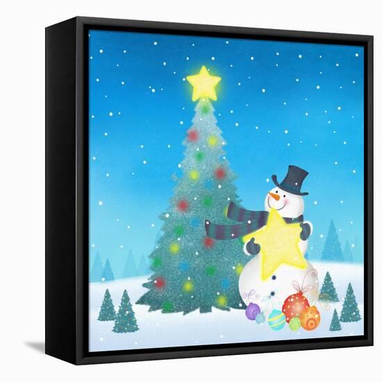 Illustration of Snowman Next to a Chirstmas Tree-null-Framed Stretched Canvas