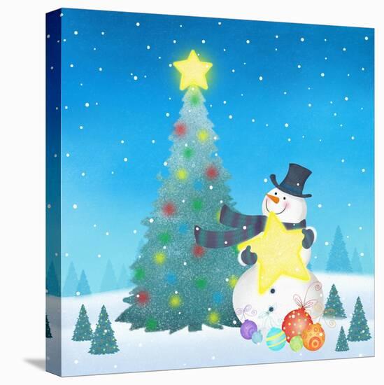 Illustration of Snowman Next to a Chirstmas Tree-null-Stretched Canvas