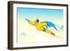 Illustration of Superhero Wearing Cape Flying in Sky-vectomart-Framed Art Print