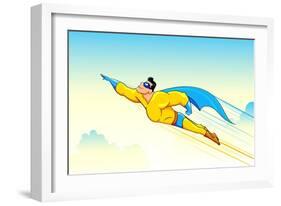 Illustration of Superhero Wearing Cape Flying in Sky-vectomart-Framed Art Print