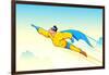 Illustration of Superhero Wearing Cape Flying in Sky-vectomart-Framed Art Print