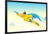 Illustration of Superhero Wearing Cape Flying in Sky-vectomart-Framed Art Print