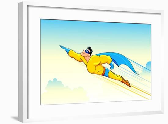 Illustration of Superhero Wearing Cape Flying in Sky-vectomart-Framed Art Print