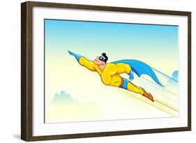 Illustration of Superhero Wearing Cape Flying in Sky-vectomart-Framed Art Print