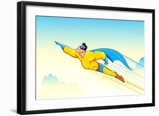 Illustration of Superhero Wearing Cape Flying in Sky-vectomart-Framed Art Print