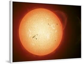 Illustration of the Sun with Visible Dark Sunspots on the Surface, Prominences and Some Solar Wind-Stocktrek Images-Framed Photographic Print