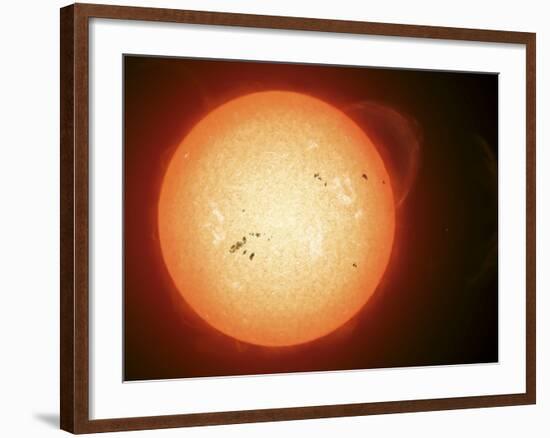 Illustration of the Sun with Visible Dark Sunspots on the Surface, Prominences and Some Solar Wind-Stocktrek Images-Framed Photographic Print