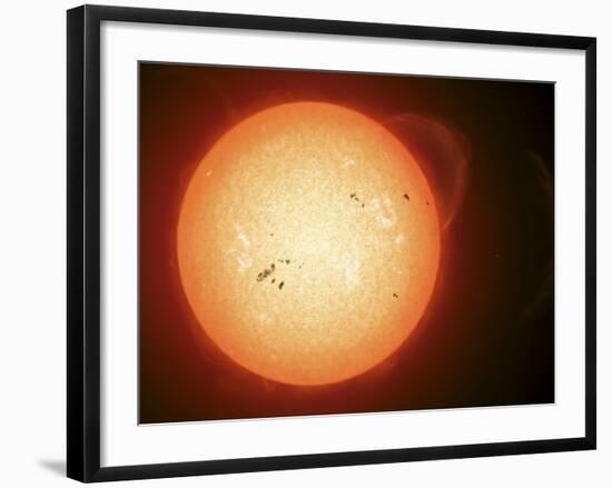 Illustration of the Sun with Visible Dark Sunspots on the Surface, Prominences and Some Solar Wind-Stocktrek Images-Framed Photographic Print
