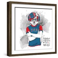 Illustration of Wolf Dressed up in the Glasses and in the T-Shirt with Print of USA Flag. Vector Il-Sunny Whale-Framed Art Print