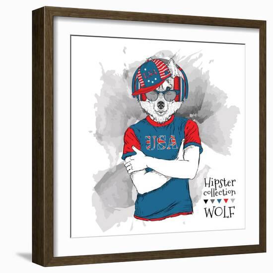 Illustration of Wolf Dressed up in the Glasses and in the T-Shirt with Print of USA Flag. Vector Il-Sunny Whale-Framed Art Print