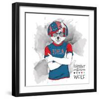 Illustration of Wolf Dressed up in the Glasses and in the T-Shirt with Print of USA Flag. Vector Il-Sunny Whale-Framed Art Print