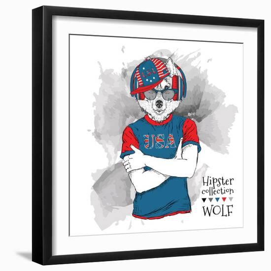 Illustration of Wolf Dressed up in the Glasses and in the T-Shirt with Print of USA Flag. Vector Il-Sunny Whale-Framed Art Print