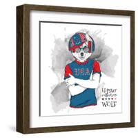 Illustration of Wolf Dressed up in the Glasses and in the T-Shirt with Print of USA Flag. Vector Il-Sunny Whale-Framed Art Print