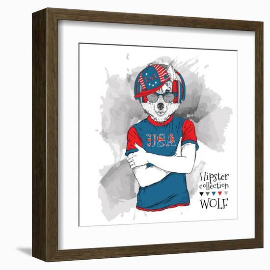 Illustration of Wolf Dressed up in the Glasses and in the T-Shirt with Print of USA Flag. Vector Il-Sunny Whale-Framed Art Print