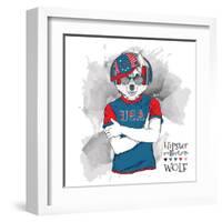 Illustration of Wolf Dressed up in the Glasses and in the T-Shirt with Print of USA Flag. Vector Il-Sunny Whale-Framed Art Print