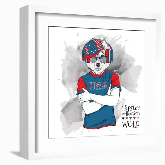 Illustration of Wolf Dressed up in the Glasses and in the T-Shirt with Print of USA Flag. Vector Il-Sunny Whale-Framed Art Print