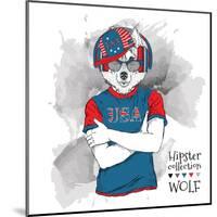 Illustration of Wolf Dressed up in the Glasses and in the T-Shirt with Print of USA Flag. Vector Il-Sunny Whale-Mounted Art Print