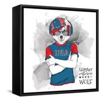 Illustration of Wolf Dressed up in the Glasses and in the T-Shirt with Print of USA Flag. Vector Il-Sunny Whale-Framed Stretched Canvas