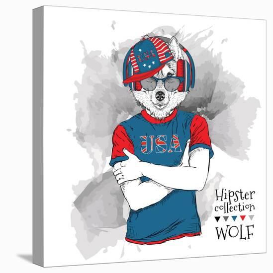 Illustration of Wolf Dressed up in the Glasses and in the T-Shirt with Print of USA Flag. Vector Il-Sunny Whale-Stretched Canvas