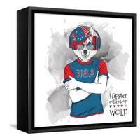 Illustration of Wolf Dressed up in the Glasses and in the T-Shirt with Print of USA Flag. Vector Il-Sunny Whale-Framed Stretched Canvas