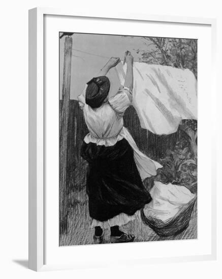 Illustration of Woman Hanging Up Clothes to Dry on Clothes Line-null-Framed Photographic Print