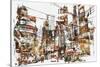 Illustration Painting of Urban City with Grunge Texture-Tithi Luadthong-Stretched Canvas
