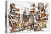 Illustration Painting of Urban City with Grunge Texture-Tithi Luadthong-Stretched Canvas