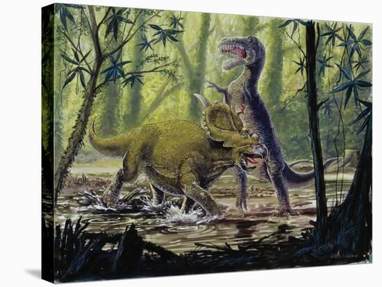 Illustration Representing Dinosaures in Prehistoric Landscape-null-Stretched Canvas