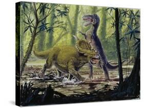 Illustration Representing Dinosaures in Prehistoric Landscape-null-Stretched Canvas