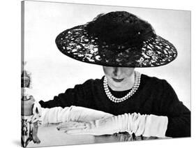 Illustration Showin a Black Lace Straw Ascot Hat, it's Large Crown Swathed with Net, 1955-null-Stretched Canvas